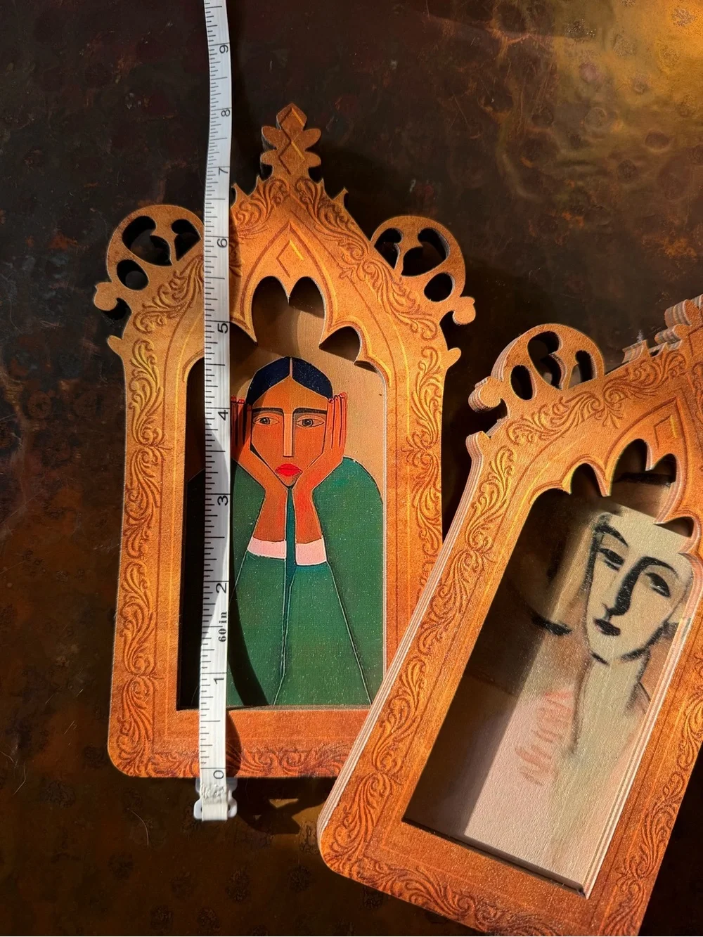 Set of 2 Folk Art Portraits Ornate Gothic Wood Frames Boho Eclectic Wall Decor